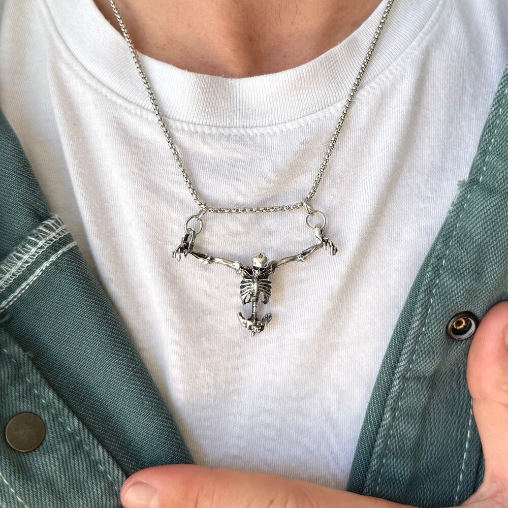 Silver Skeleton Pendant Necklace Unisex Sterling Chain 20" Gothic New